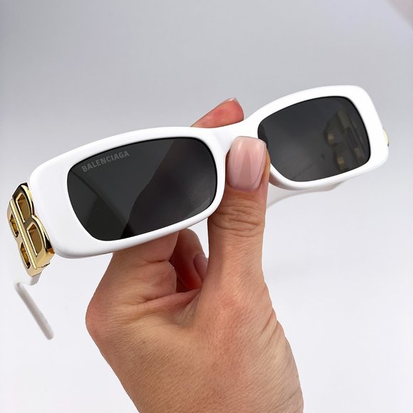 Balenciaga BB0096S 011 BRAND NEW Sunglasses White Gold Logo Grey Rectangle Unise - Picture 1 of 13